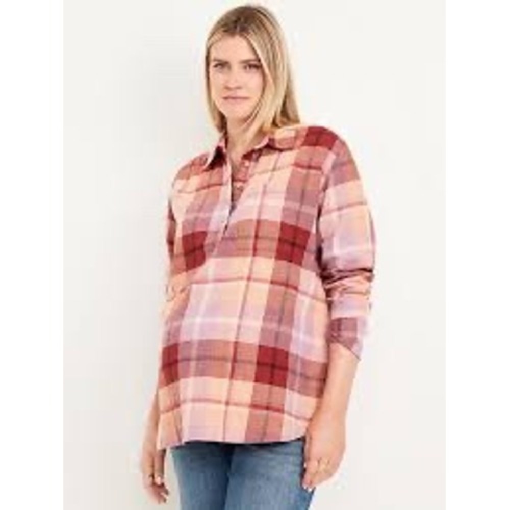 Old Navy Maternity Plaid Flannel Popover Cotton Shirt Nursing Pink Orange M